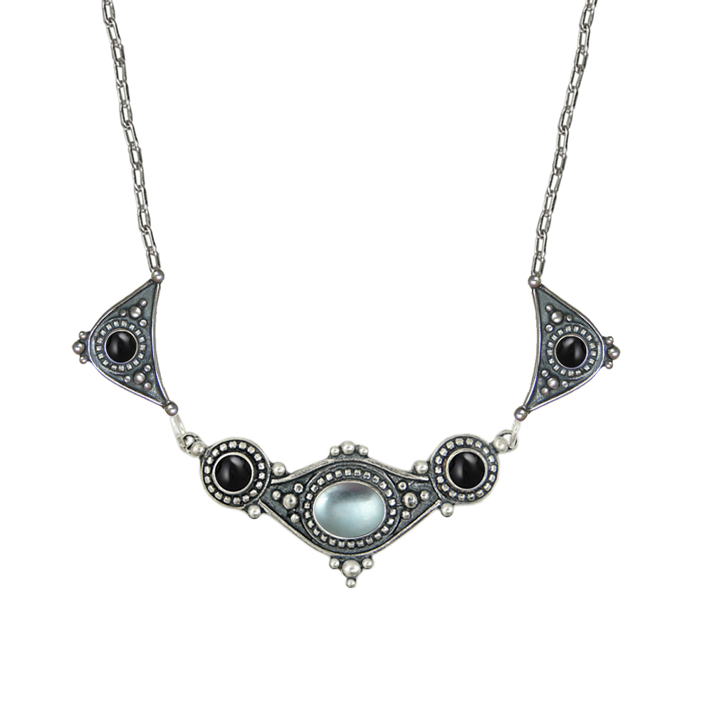 Sterling Silver Romantic Necklace With Blue Topaz And Black Onyx